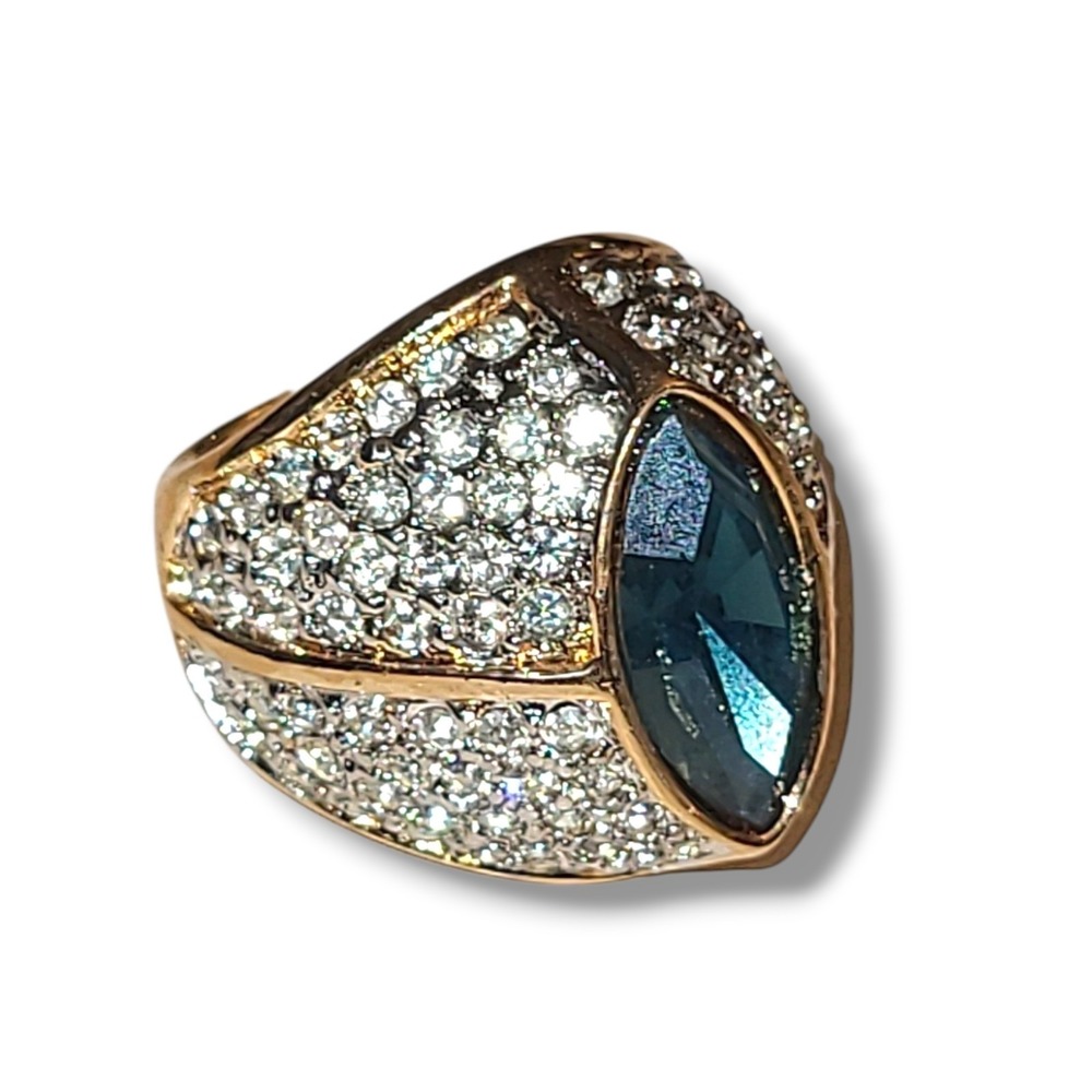 Vintage 18K HGE Blue Marquis CZ Pave Cocktail Ring Statement Gold‎ Tone Sz 5